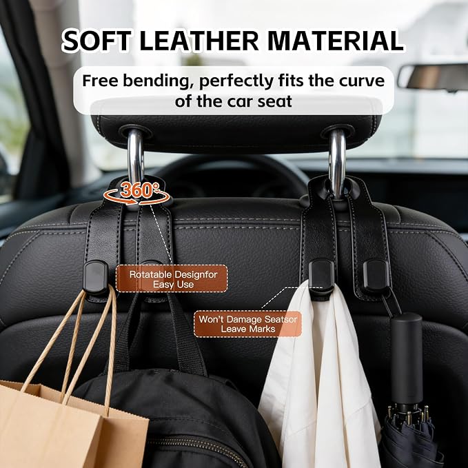 Car Seat Headrest Hooks for Purses and Bags, 4-Pack Heavy Duty Car Seat Hooks with Anti-Slip Pad, Universal Car Backseat Organizer Hanger Accessories for Grocery Bags (Black) - Image 2
