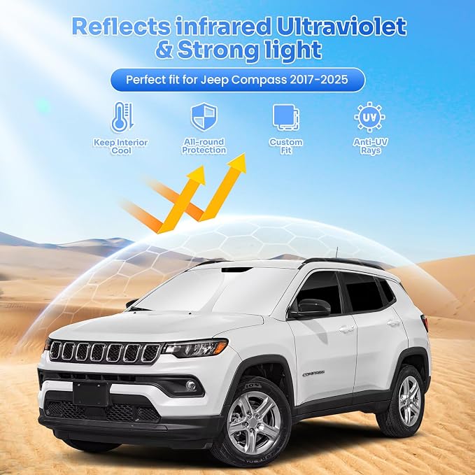 Canvcle Window Shades for 2017-2025 Jeep Compass Accessories Windshield Sun Shade Side Rear Window Covers Sunshade Sun Visor Shield Privacy Protection for Camping Keep Vehicle Cool Black 8PCS - Image 2