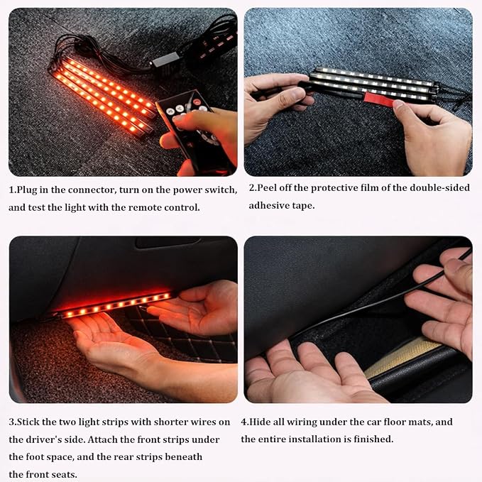 Car LED Light Strips, 4 in 1 8 Color Vehicle Interior Atmosphere Lamp with Ciagrette Lighter Adapter & Music Mode, Automotive Ambient Light Stripping, Universal Auto Accessories - Image 3