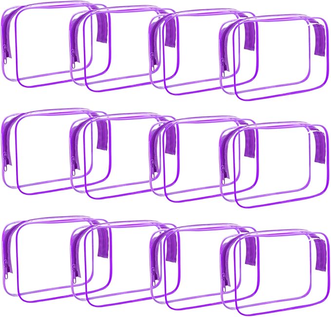 12 Pack Clear Makeup Bag, TSA Approved Toiletry Bag Zippered Clear Cosmetic Pouch, Waterproof Vinyl Plastic Organizer Case for Travel Vacation Bathroom (Purple) by YOQIVEXU