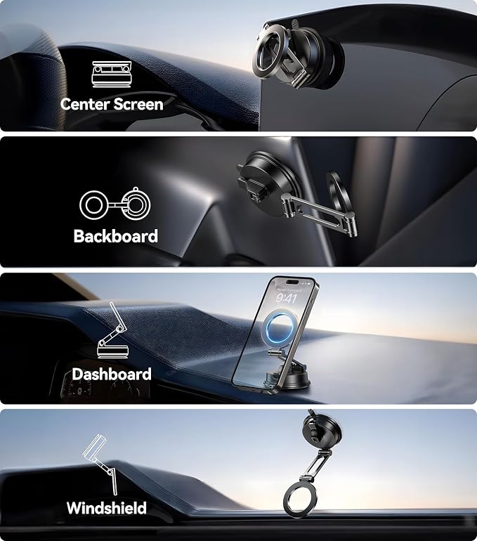 【Vacuum Suction Folding Car Mount】Magnetic Car Phone Holder for magsafe, Aerospace Alloy Arm, Best Dashboard/Windshield/Screen Holder for Your Car/Tesla/Gym/Mirror/Shower/Smooth Surface/iPhone - Image 3