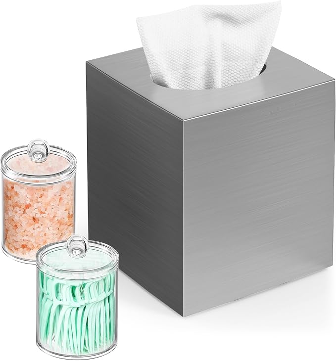 Square Acrylic Tissue Box Cover with 2 Pcs Qtip Holder Dispenser,Sliver | Modern decor,plastic,bathroom vanity storage organizer set,non-slip,Easy to refill,size compatibility for tissue & rolls by Chintu