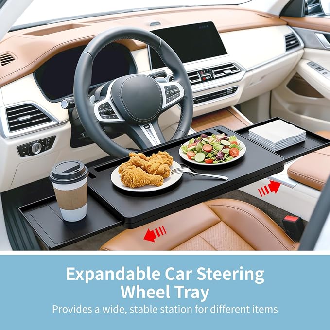 Adjustable Car Steering Wheel Tray, Expandable Car Desk with Rotatable Clip for Laptop & Food, Multipurpose Portable Table for Eating, Working, Gaming - Image 2