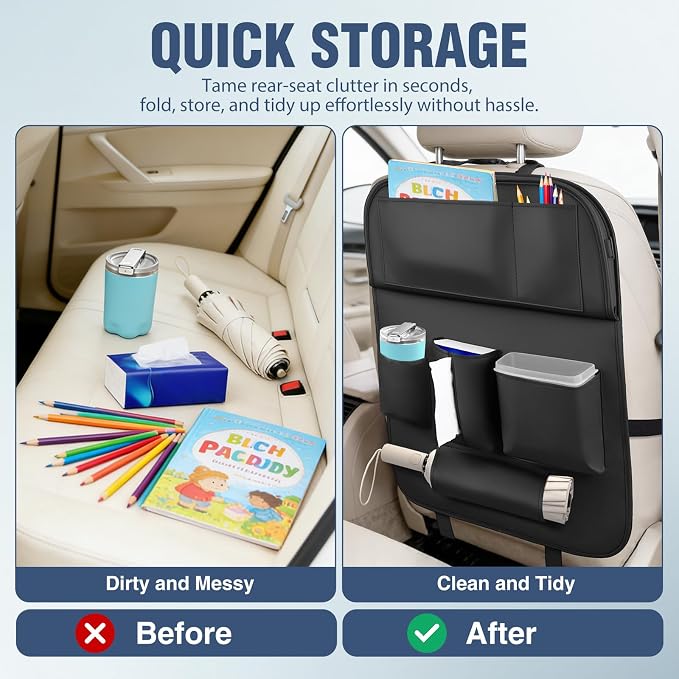 Nilight Car Seatback Organizer 1PC Black PU Leather Universal | Foldable Tray Tablet Holder Tissue Box Removable Bucket Waterproof Storage Bag for Cars Vans SUVs MPVs Pickup Trucks - Image 7