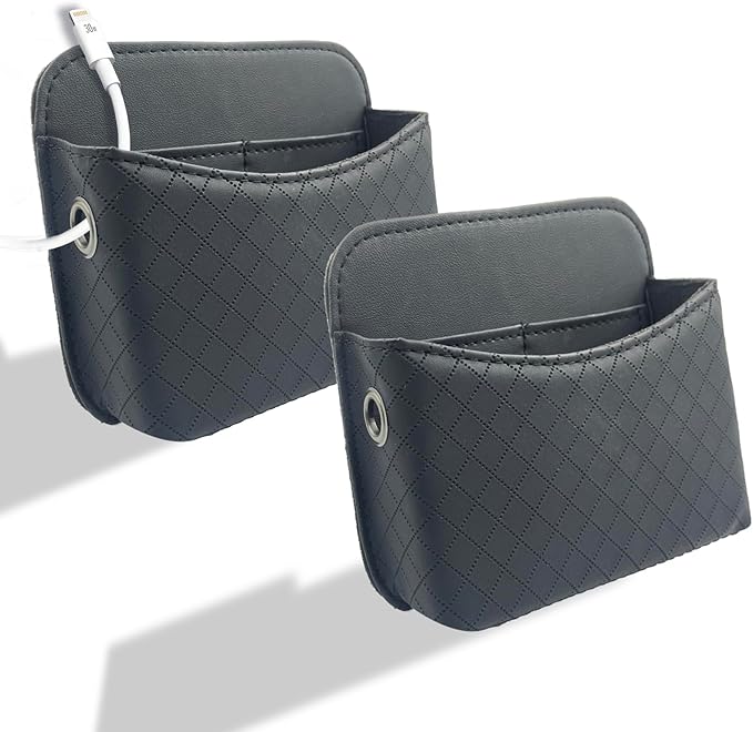 Self-Adhesive Car Seat Side Pocket Organizer with Cable Port - Black PU Leather Storage Pouch for Phone & Keys, Fits Gaps, Console & Door （Glossy Black） by Unknown