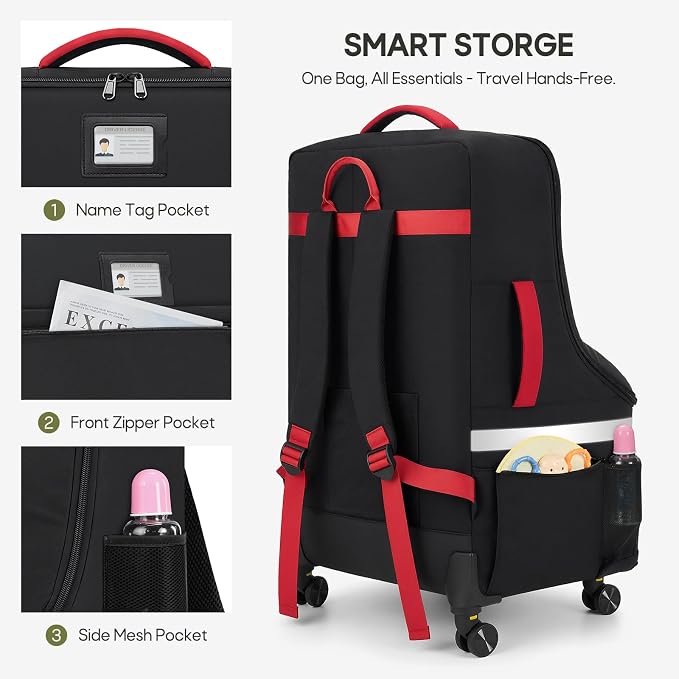 RAINSMORE Padded Car Seat Travel Bag for Airplane with Spinner Wheels | Heavy Duty Carseat Backpack for Air Travel Large Rolling Airport Gate Check Bags Fits Baby Car Seats & Boosters - Image 6