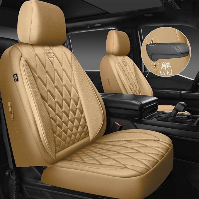 CAR PASS Piping Luxury PU Leather Two Front Car Seat Covers, Waterproof Anti Slip Seat Covers Compatible with Front Seat Armrests,Universal Fit for Suvs,Vans,Trucks,Airbag Compatible(All Beige) - Image 2