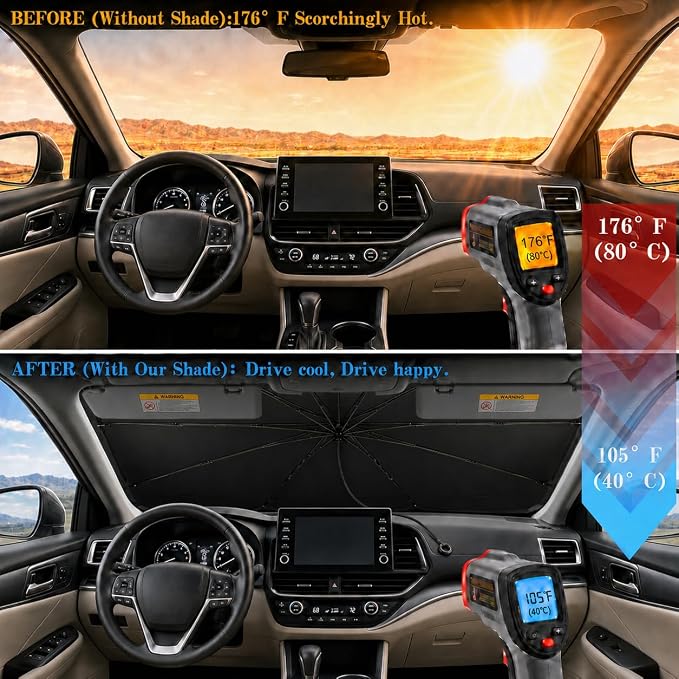 Car Windshield Sun Shade Umbrella, Universal Fit Mid-Large Sedans & SUVs | 57 x 31" Car Sun Visor, Foldable UV Heat Blocking Auto Sunshade with Rearview Mirror Cutout, Monster Blue Eyes - Image 2