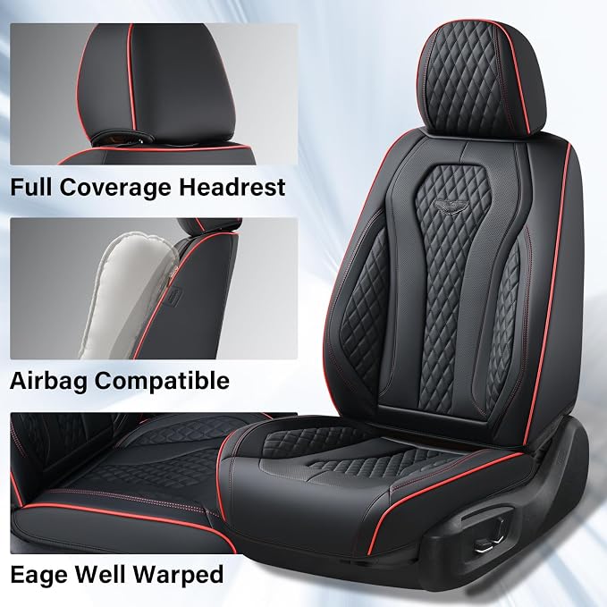 Coverado Car Seat Covers Full Set, Black Seat Covers, Waterproof Car Seat Cover, Car Seat Cushion, Car Seat Covers Front Seats Back Seat Covers, Car Seat Protector Universal Fit Most Cars Red Line - Image 7