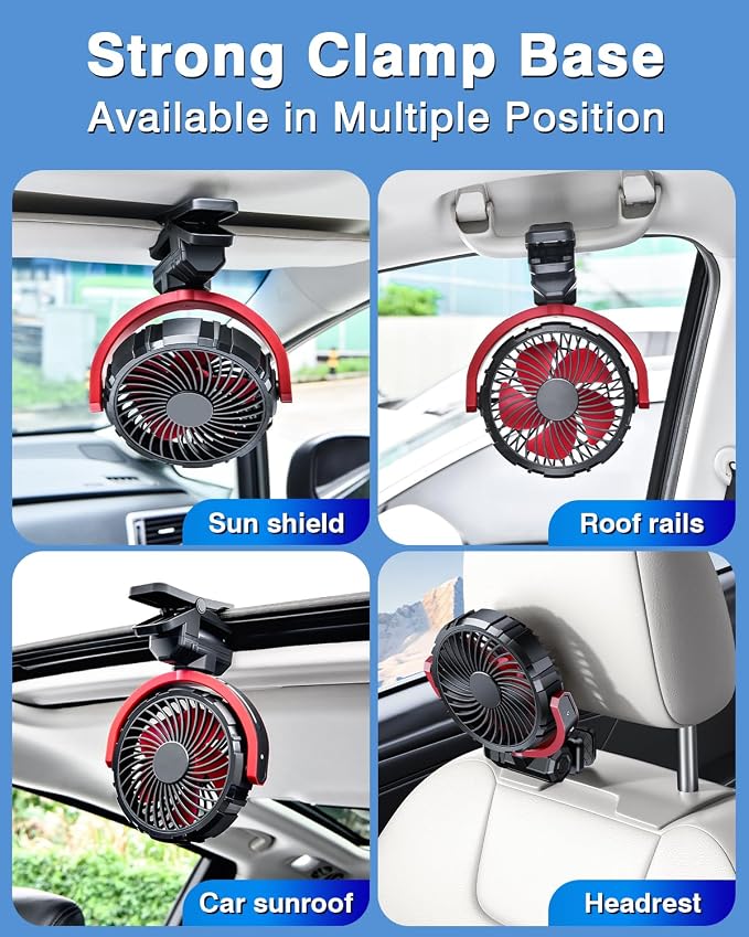 Battery Clip On Fan for Car Visor Back Seat Roof Handle (Red) | 2000mAh Rechargeable Car Fan Clip On SUV Van RV Pickup Truck Camping Desk Bed Stroller Baby Crib, Quiet, 360 Rotation - Image 7