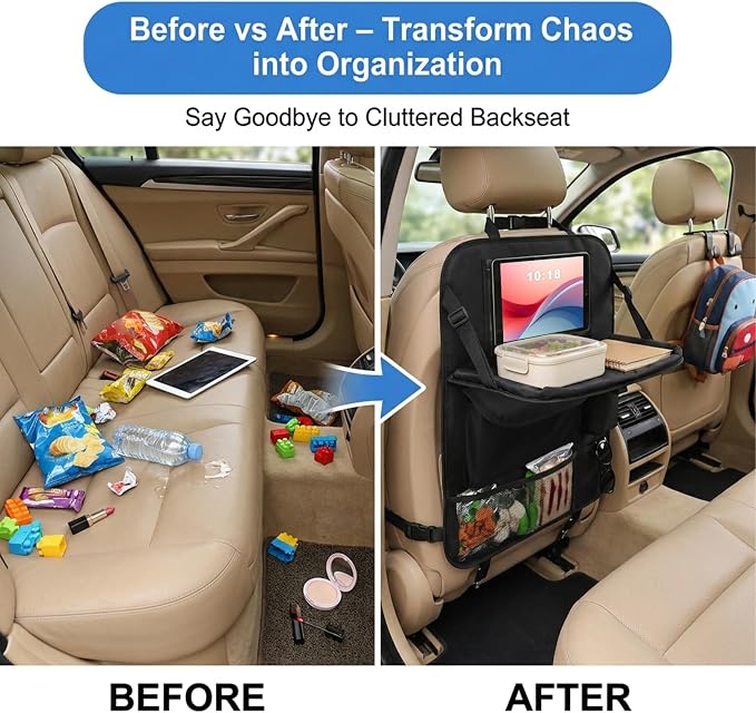 Backseat Car Organizer with Upgraded Foldable Tray Table, Oxford Cloth Car Seat Back Storage Organizer, Tablet Tray and Seat Protector Kick Mat, Includes 2 Hooks - Image 5