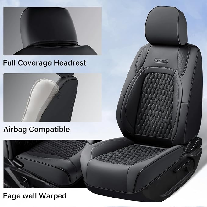 Coverado Custom Fit Front Seat Covers for Chevy Silverado/GMC Sierra 2007-2025 1500, 2015-2025 2500HD 3500HD Crew/Double/Extended Cab – Faux Waterproof Leather (Black) - Image 2