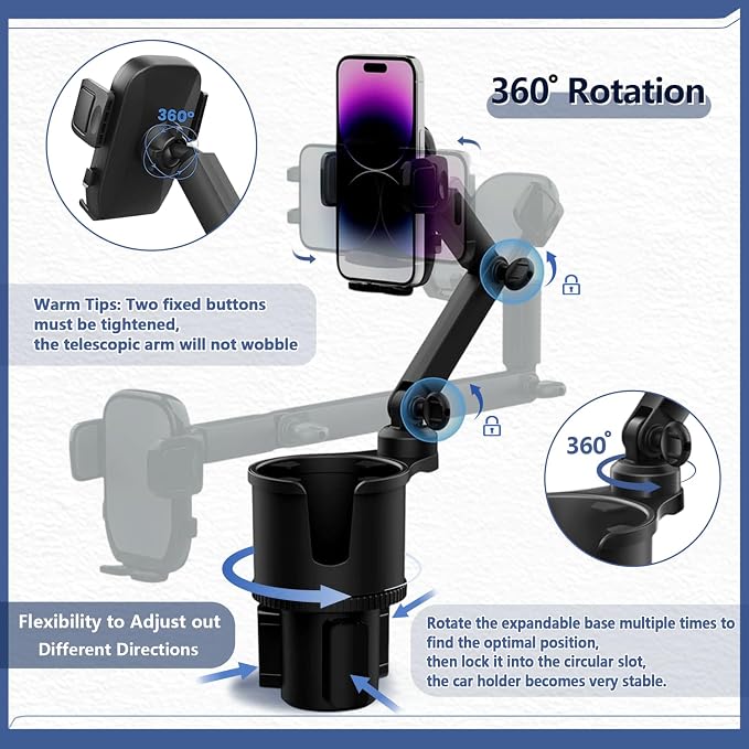 SAMPUSS 2-in-1 Phone Holders for Your Car Car Cup Holder Car Phone Holder | 360° rotation 2-in-1 function car phone mount with long arm universal smartphone phone holder car cup holder expander - Image 4