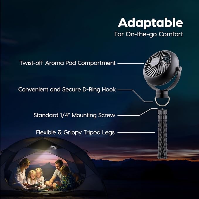 IRIS USA WOOZOO Portable Personal Fan, USB-C Charging, Tripod Stand, Black | LED Light, Mosquito Repellent Tray, 360° Tilt, 3 Speeds, Pet Stroller Car Fan, Camping Golfing Outdoor Use - Image 10