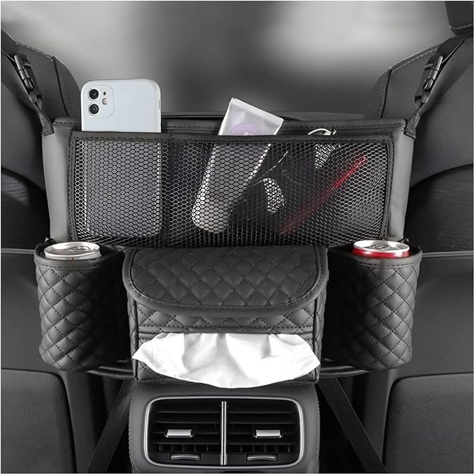 XINLIYA Car Handbag Holder Between Seats, PU Leather Multi-Pocket Large Capacity Purse Holder, Auto Net Bag Barrier of Backseat Pet Kids, Car Seat Organizers and Storage for Cargo Tissue Cup（Black） by XINLIYA