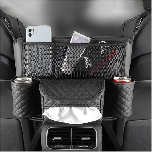 XINLIYA Car Handbag Holder Between Seats, PU Leather Multi-Pocket Large Capacity Purse Holder, Auto Net Bag Barrier of Backseat Pet Kids, Car Seat Organizers and Storage for Cargo Tissue Cup（Black） by XINLIYA