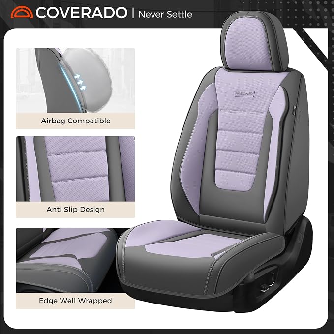 Coverado Car Seat Covers Front, Seat Covers for Cars, Waterproof 2-Pack Car Seat Cushions, Leather Carseat Seat Protectors, Universal Seat Covers Fit for Most Sedans SUV Pick-up Trucks(Gray&Purple) - Image 4