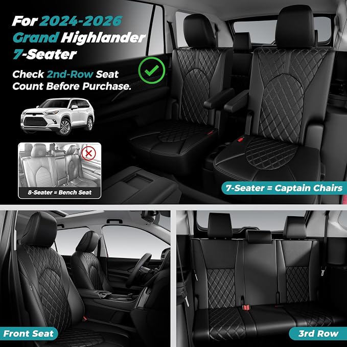 Custom Seat Covers for Toyota Grand Highlander 2024-2026 7 Seats | black, faux leather, 2nd row captain chairs, waterproof, breathable, airbag compatible, stain resistant - Image 4