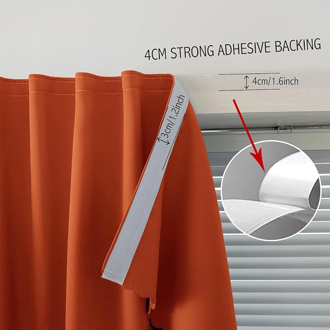 Self Adhesive Curtains Portable Blackout Curtain Simple and Easy to Install Bedroom Window Thermal Lnsulated Kitchen Room Darkening Black Small Drapes, 35" W X 79" L, Orange, 1 Panel - Image 8