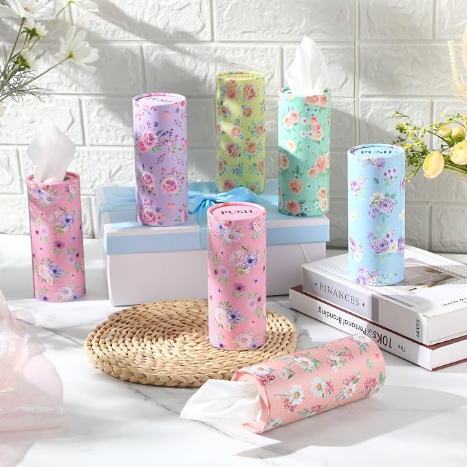 Outus 12 Pcs Spring Floral Car Tissues Cylinder Holder Flowers Round Tissue Box Cup Holder 3 Ply Facial Napkins Napkins Container for Car Home Office Dispenser Travel - Image 4