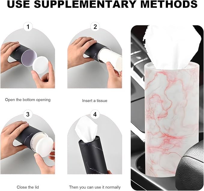 4 PCS Car Tissue Holder, Refillable Round Napkins Containers with Papers Inside, Convenient Travel Tissue Tubes Facial Paper Towel Cylinders for Vehicle Cup Holders (Marble Pink) - Image 5