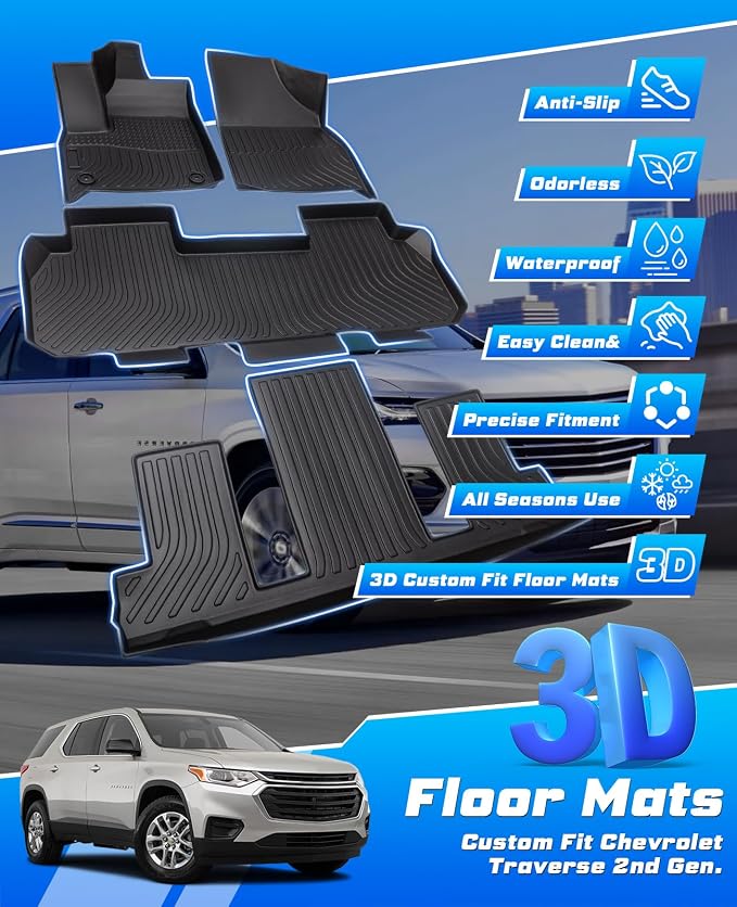 Sunsdrew Floor Mats for 2018-2023 Chevy Traverse Accessories (7 Seats Only) | Also for 2024 Traverse Limited, Front Rear 3 Rows Car Mats, All Weather Protection, TPE Rubber, Raised Edge - Image 4