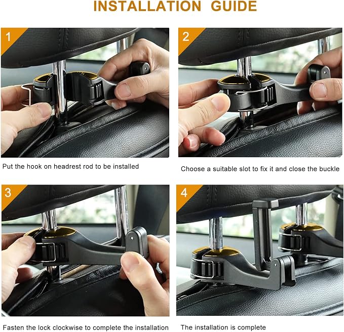 Car Headrest Hidden Hook with Phone Holder, Universal 360 Rotation, Gold, 2 Pack - Image 6
