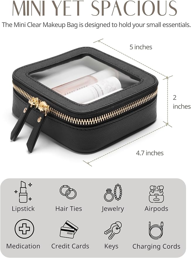 Small Clear Makeup Bag for Purse, Travel Cosmetic Case, Black, Mini | Waterproof PU Leather, Transparent Square Make Up Pouch with Zipper, Tiny Toiletry Organizer Bag for Women Car Essentials Bag - Image 3