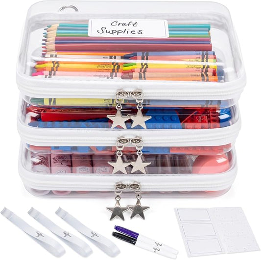 Clear Hard Shell Zipper Case Set (3 Medium), 120s Thick PET Plastic Storage Bags, Dual Zipper Travel Organizer with Star Charms, Removable Strap, Removable Labels & 2 Markers by Unknown
