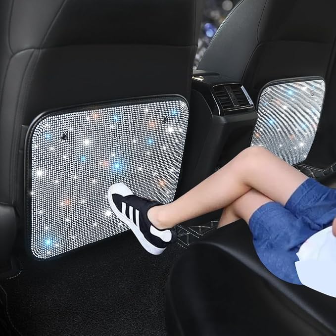 Bling Rhinestone Kick Mats Back Seat Protectors - Premium Car Seat Back Protector with Crystal Diamonds, Fits Most Cars - Stylish Car Interior Decor Accessories for Women & Girls White 2Pcs by Pirador