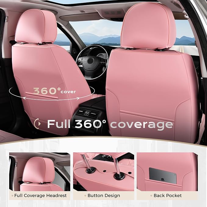 Coverado Full Set Car Seat Covers, Luxury Faux Leather Waterproof Seat Covers, Pink Car Seat Protectors, Universal Fit for Most Cars, Automotive Seat Covers-Pink - Image 4
