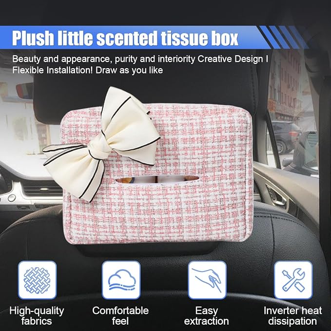 Car Tissue Holder, Cute Bow Tissue Box Cover for Auto Backseat, Rectangle Auto Napkin Holder Keep Car Tidy, Universal Napkin Storage Organizer for Vehicle Sun Visor, Headrest (Pink) - Image 3