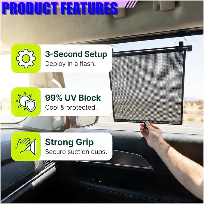 2PCS Car Windshield Sunshade for Baby, 18"×15" Retractable Car Window Sun Shade Protection Cover with Suction Cups, Auto Side Window Shades for Blocking Heat & UV Rays Glare (Black) - Image 4