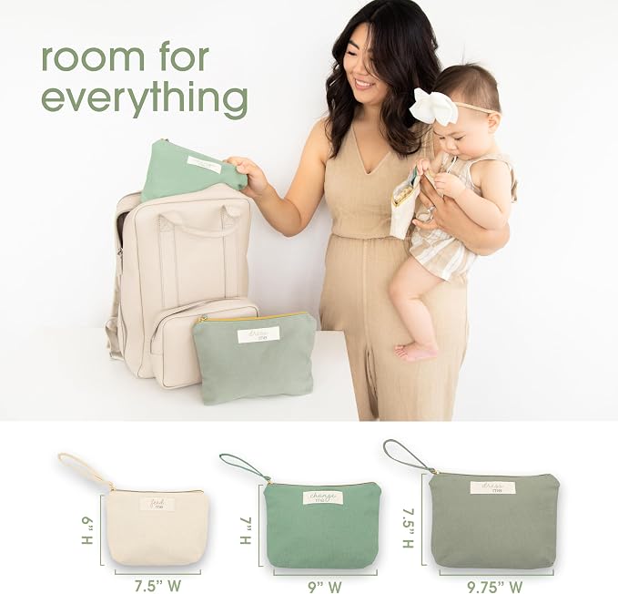 Pearhead Baby Diaper Bag Organizing Zipper Pouches, Set of 3 | Feed Me Change Me Dress Me, Recycled Cotton, Gender-Neutral New Mom Essentials, Zip Bags, Organized in Style - Image 3