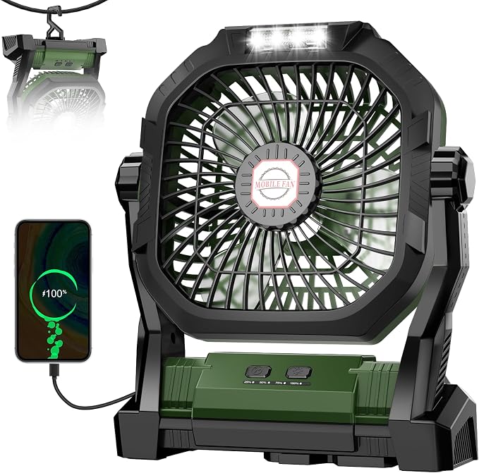 Camping Fan Rechargeable, 20000mAh Battery Powered Portable Fan with LED Light, 4-Speed 180° Adjustable, Camping Essentials for Tent, Travel, Car, Outdoor, Indoor, BBQ, Fishing, Jobsite - Green - Image 2