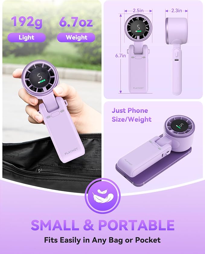 PlayHot Portable Handheld Turbo Fan, Travel Essentials, Gifts for Women/Men | 5-Speed, Up to 12H, 10m/s Airflow, USB-C Rechargeable, LED Display, 3-in-1 Foldable Personal Fan for Cruise, Beach, Vacation - Image 6
