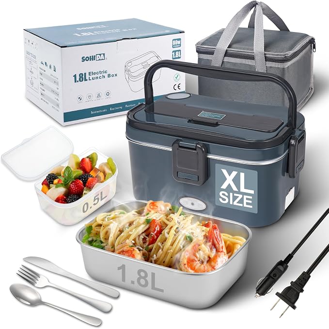 SOHIDA 1.8L+0.5L Heated Lunch Box for Men, 80W Electric Lunch Box with Long-handled Utensils for Adults, 12V/24V/110V Lonchera Eléctrica Portátil, Portable Food Warmer for Car/Truck/Office (Deep Blue) by SOHIDALunchBoxes