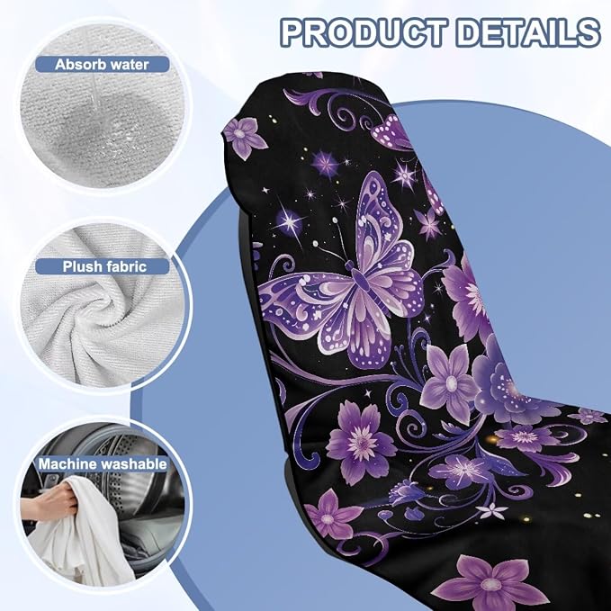 Purple Butterfly Flower Car Seat Towel with Storage Bag Sweat Car Seat Cover Protector Butterfly Print Auto Interior Accessories Driver Seat Cushion Cover Towel for Yoga Swimming After Gym - Image 6