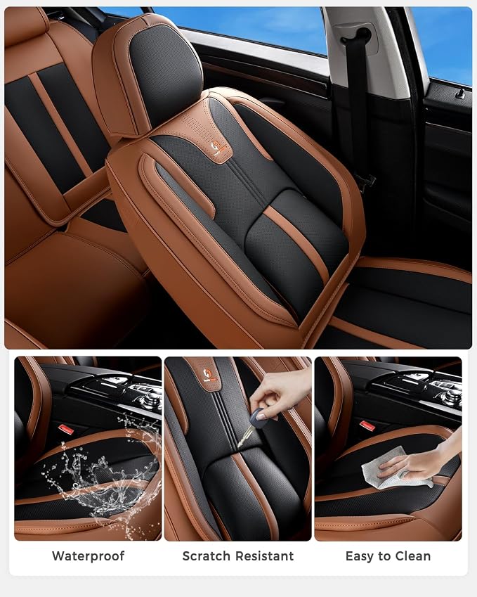 Huidasource Front Seat Covers Luxury Nappa Leather, Driver Seat Cover with Airbag, Front Storage Pocket, Lumbar Support, Cooling＆Heating, Seat Cover Universal Fit for Most Cars SUV Trucks, Brown&Black - Image 7