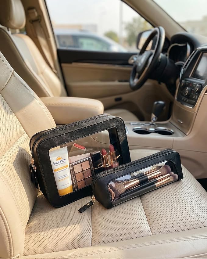 2 Pack Travel Clear Makeup Bag Set -Sunscreen Cosmetic Organizer Pouch Waterproof Makeup Pouch Portable Makeup Brush Pencil Case Car Accessories for Women(2Pack-Standard&Slim, Black) - Image 4