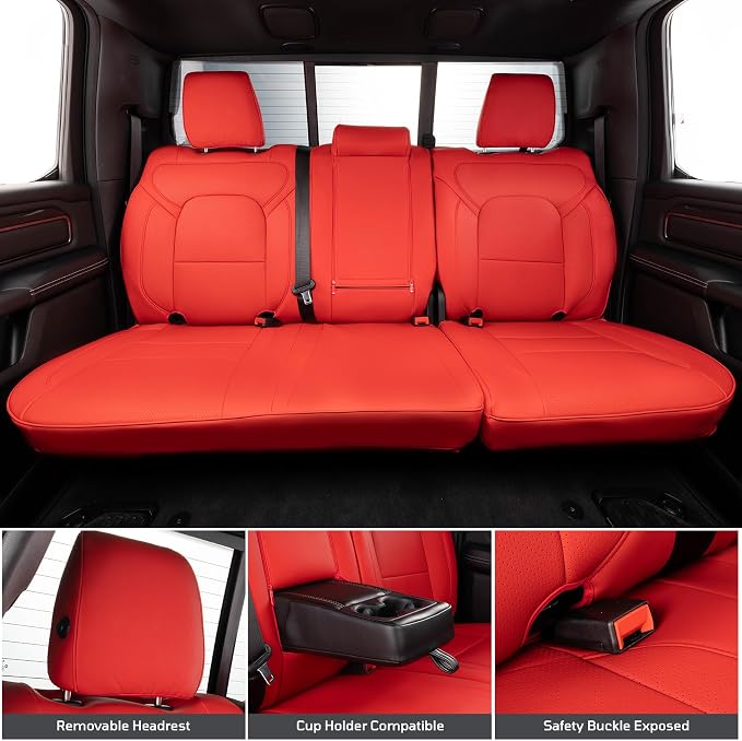 Car Seat Covers Custom Fit for Dodge 2019-2026 Ram 1500 Crew Cab,Red | Custom Fit Faux Leather Full Set, Compatible with 5th Gen Ram 1500 Big Horn/Lone Star/Rebel/Sport, Waterproof, Easy to Clean - Image 4