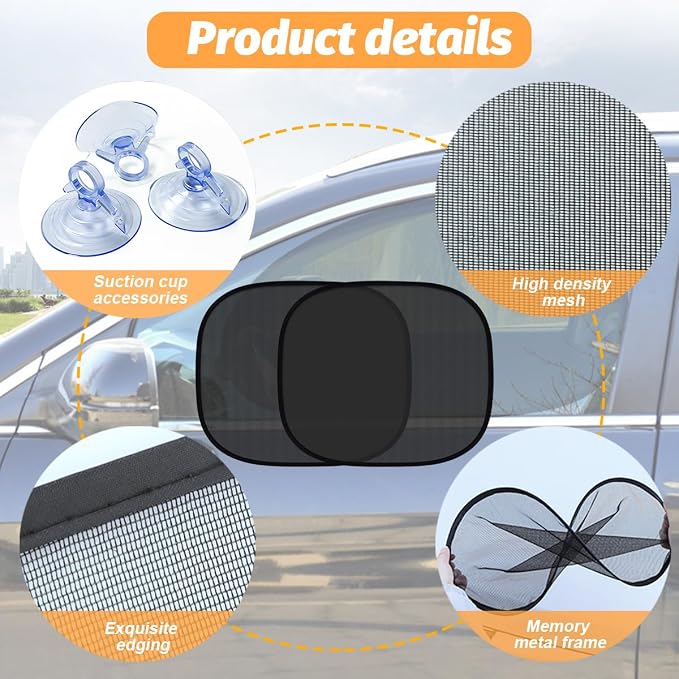 5 Pack Car Window Sunshade Set, Side and Rear | mesh fabric, metal support frame, suction-cup mounting, twist-fold storage, UV and heat blocking - Image 3