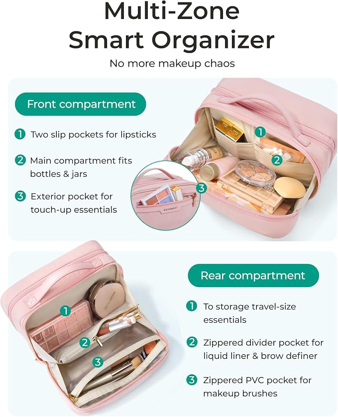 BAGSMART Travel Makeup Bag, Make Up Bag with Multiple Compartments for Organizer, Compact & Durable Cosmetic Organizer for Women for Travel Accessories (Pink - Image 5