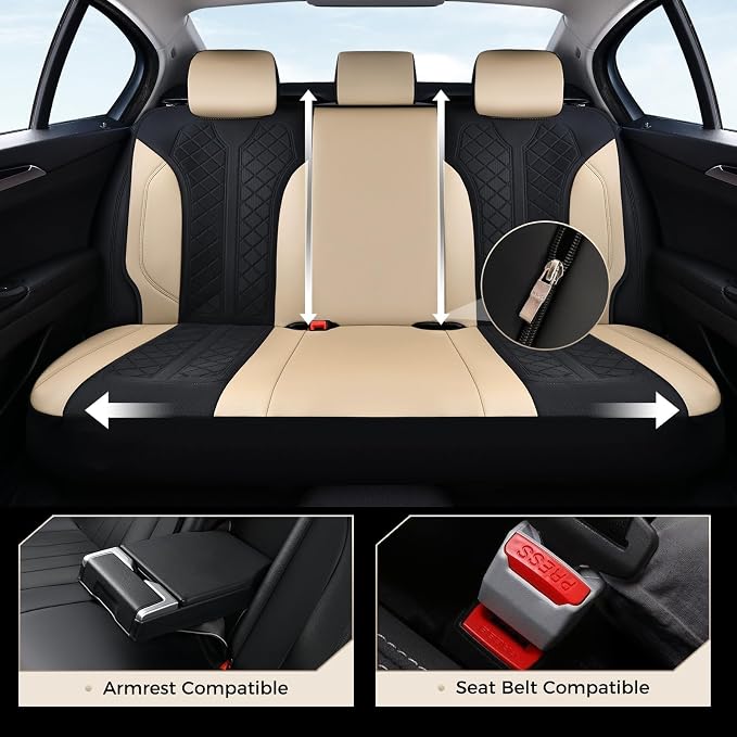 Coverado Seat Covers Full Set, Beige Car Seat Covers, PU Leather & Breathable Mesh Seat Protectors, 5-Piece Automotive Seat Covers, Universal Fit for SUVs, Trucks, Sedans - Image 4