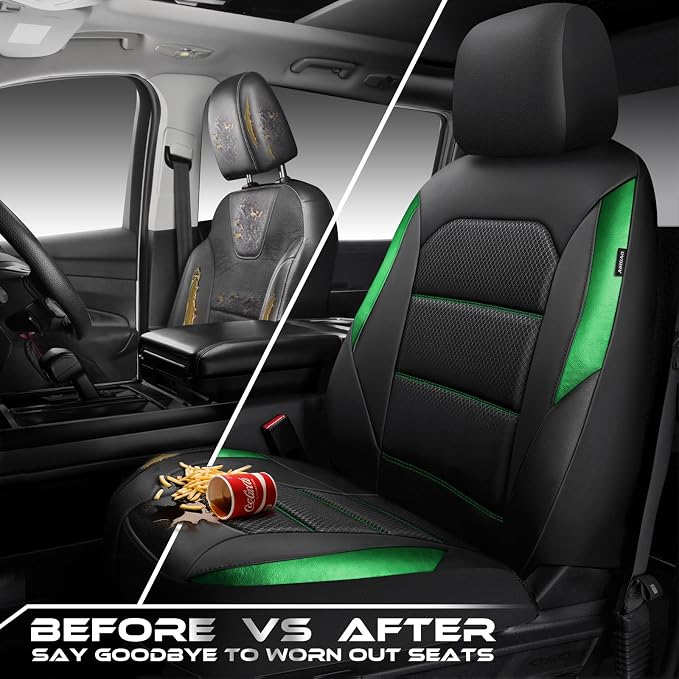 Car Pass Memory Foam Leather Seat Covers,Air Cool Mesh Thick Car Seat Covers Front Seat Green Leather Seat Covers for Cars Universal for SUVs Trucks,Airbag Compatible Comfort Durable,Black Green Metal - Image 6