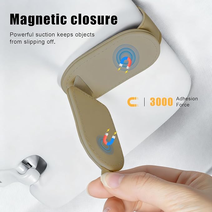 Sunglass Holder for Car Visor, Magnetic Leather Eyeglass Holder, Universal Car Sunglass Organizer Visor Accessories for SUV Truck Pickup, 2 Pack (Beige) - Image 5