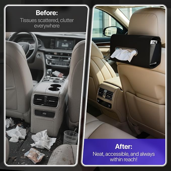 Lucrum Extra Large Car Tissue Holder - PU Leather Tissue Box Cover | Fits Regular Size Napkins Box - PU Leather Car Tissue Holder for Seat Back, Sun Visor & Console - Jet Black - Image 2