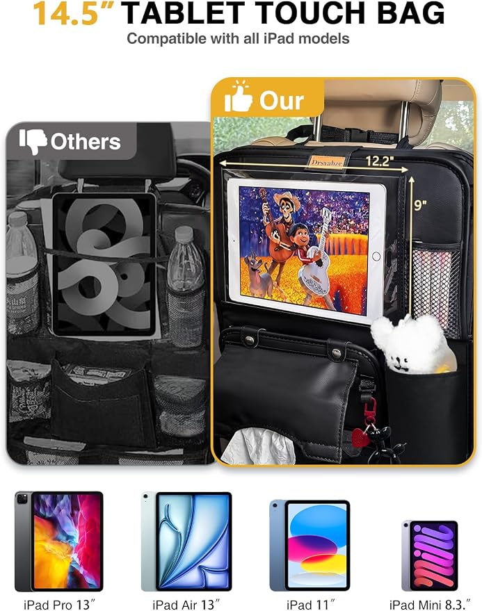 2-Pack Leather Car Backseat Organizer with Tablet Holder–Foldable Food Tray,Storage Pockets,Trash Can,Tissue Holder & Insulated Bag–Kick Mats Protector for Kids,Travel Accessories Organizer - Image 3