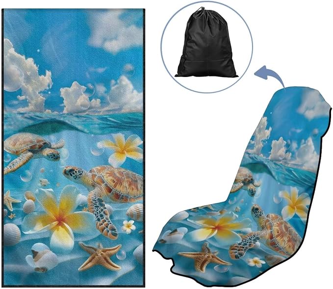 Horeset Sea Turtle & Plumeria Flower Ocean Car Seat Towel Cover – Absorbent Sand Proof Sweat Protector, Universal Fit for SUV Sedan Truck, Hawaii Beach Design - Image 5