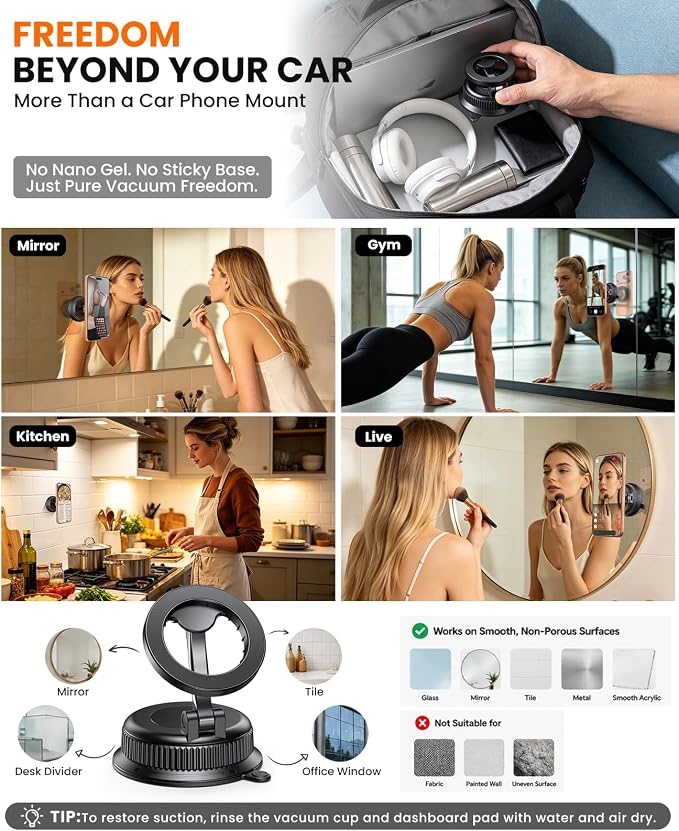 Vacuum Car Phone Holder for MagSafe, No-Glue Suction Cup Mount with Dashboard Pad, Reinforced Zinc Alloy Hinge, 360° Rotatable Foldable Cell Phone Holder for iPhone 17 16 15 14 13 12 Series - Image 2